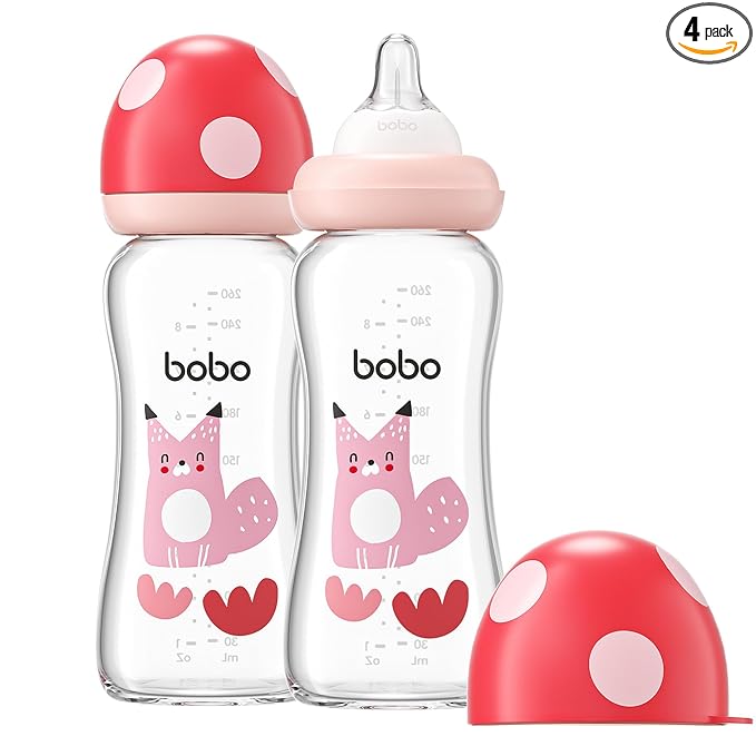 YOHKOH Natural Glass Baby Bottle with Level 2 Medium Flow Nipple, Newborn Anti-Colic Baby Bottles, Wide Neck Mushroom Baby Glass Bottle (8.8ounce (Pack of 2), Red2)