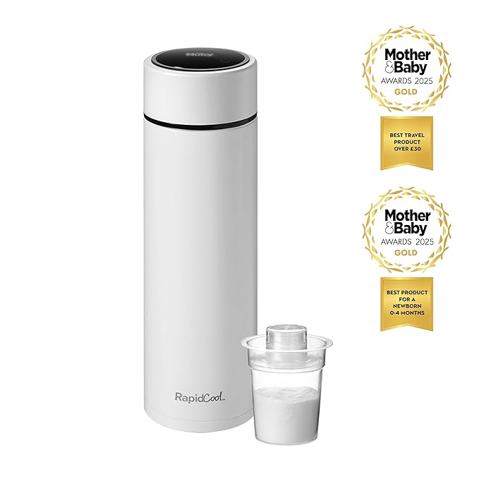 Nuby RapidCool Portable Baby Bottle Maker - with Milk Powder Dispenser and Digital Lid - Ideal for Travel Bottles and Night Feeds - Stainless Steel