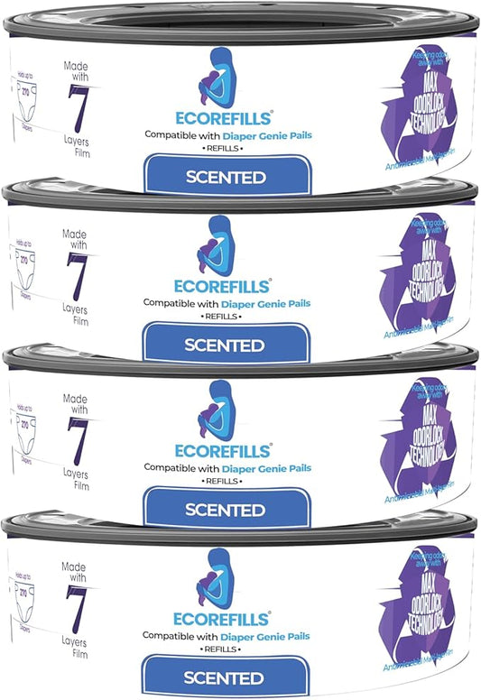 Diaper Pail Refills | Powder Scented Continuous Film with Max Odor Lock | Compatible with Diaper Genie Complete & Expressions (Universal 4, Count)