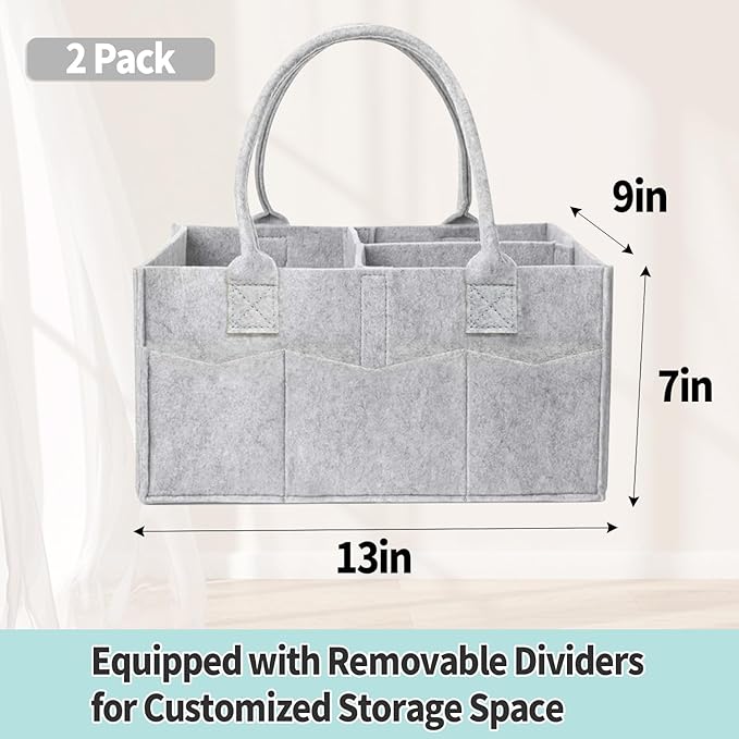 2 Pack Diaper Caddy Organizer, Portable Baby Caddy Organizer with Handle, Collapsible Nursery Storage Bin and Gift Baskets for Girls and Boys - Newborn Essentials, Baby Shower Gifts (Gray)