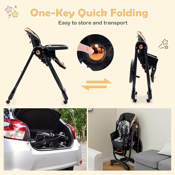 HONEY JOY Baby High Chair, Foldable High Chairs for Babies and Toddlers, Adjustable Heights, Recline Backrest & Footrest, Double-Layer Tray & Cushion, Portable Infant Highchair with Wheels (Black)