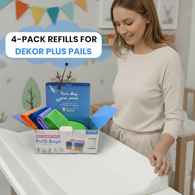 Factory Happyou® Pack of 4 Refills Compatible with Dekor PLUS Diaper Pails (NOT COMPATIBLE WITH DEKOR CLASSIC). A Refill is 394 in Long, 30% Thicker. Odor Control. Each Refill Holds up to 600 Diapers