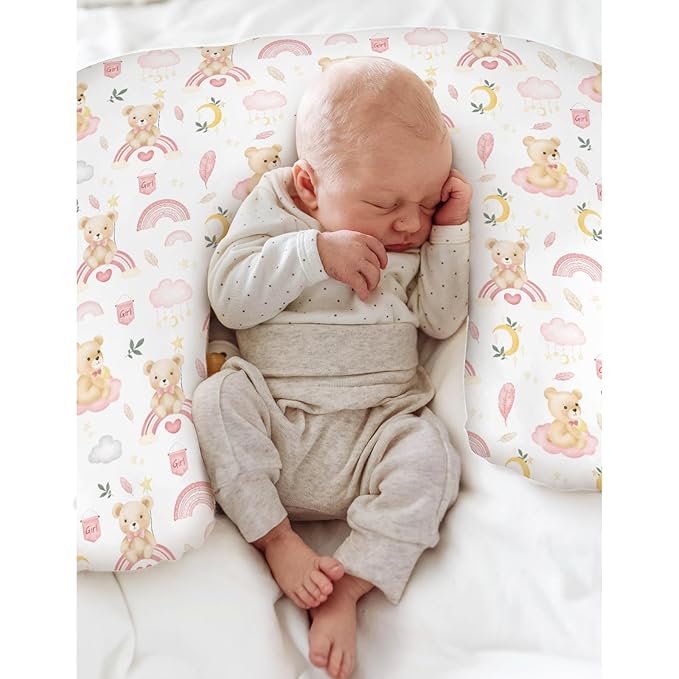 Watercolor Bear Rainbow Pink Baby Nursing Pillow Covers for Girl Boy Cute Bears Moon Stars Clouds Nursery Slipcovers for Breastfeeding Pillows Pastel Animal Soft Stretchy Cover for Newborn Infant