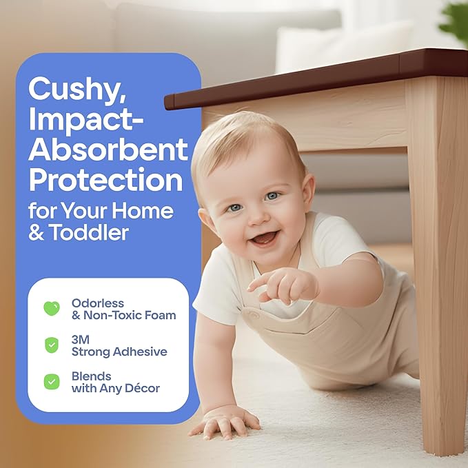Furniture Edge 16.2ft & Corner Guards | Protective Foam Cushion | 15ft Bumper 4 Adhesive Childsafe Corners | Baby Child Proofing Foam Set for Table, Fireplace, Countertop | Brown