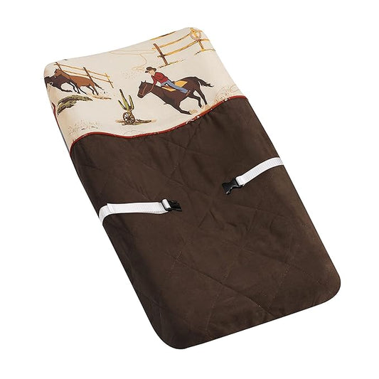 Sweet Jojo Designs Chocolate Brown Western Cowboy Boy Baby Changing Pad Cover – Infant Newborn Diaper Table Change Mat Sheet - Wild West Southern South Horse Cow Animal Tan Beige Red White and Blue
