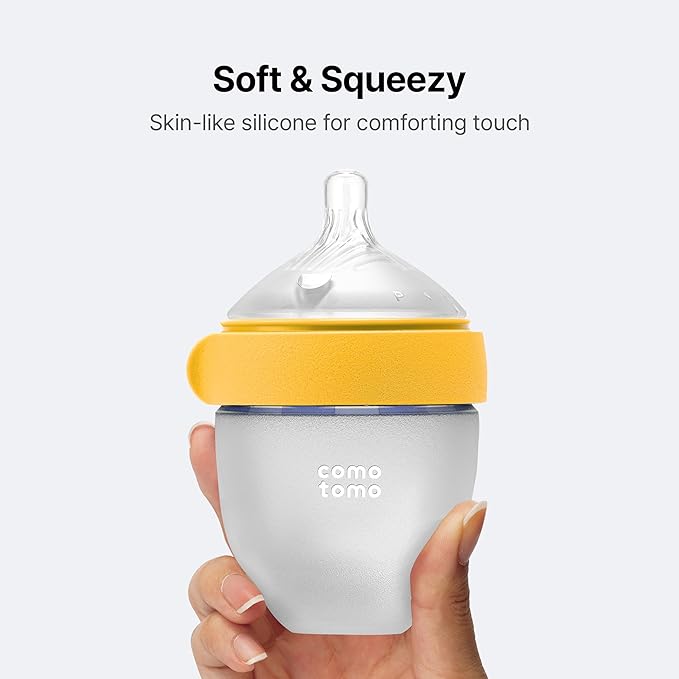 Comotomo Silicone Baby Bottle Gen 2 – 2026 Release (5oz) – True Slow-Flow Nipple for Newborn Feeding (0-3 Months) with Dual Anti Colic Vents for Breast to Bottle Transition, Yellow (Double Pack)
