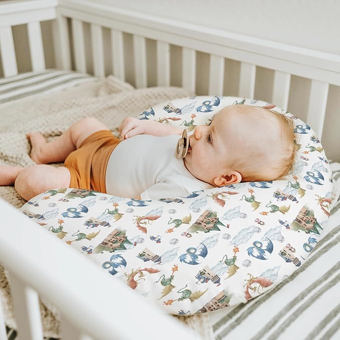 Fairytale Dragon and Knights Baby Nursing Pillow Covers for Boy Girl Fantasy Dragons Princess Castle Nursing Pillowcase for Breastfeeding Pillows Moon Clouds Soft Stretchy Slipcover for Newborn Infant