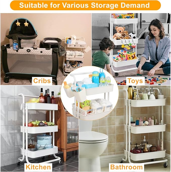 Baby Diaper Caddy Organizer Cart, 3-Tier Mobile Utility Rolling Cart with Baskets and Hanging Cups, Large Capacity Baby Essentials Storage Cart for Nursery, Changing Table & Crib, Easy to Assemble