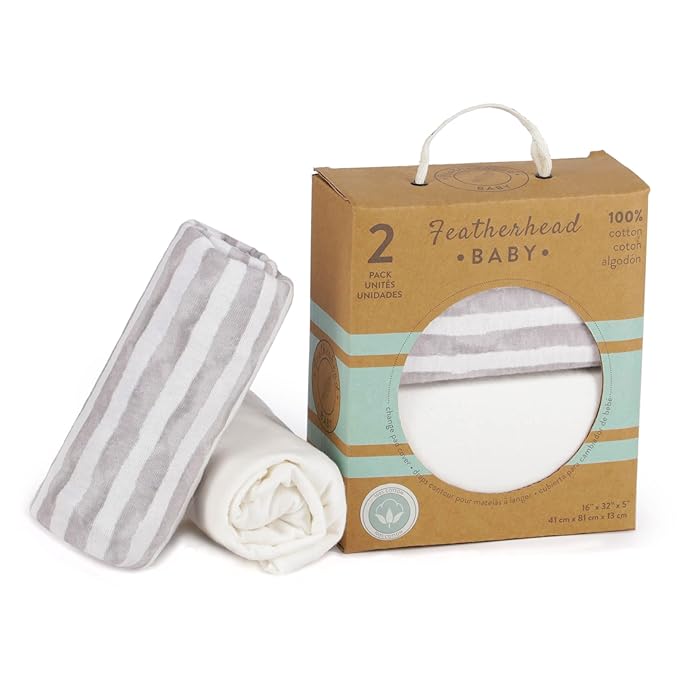 Featherhead™ 2-Pack Changing Pad Covers | Fitted Sheets for Baby Boy & Girl - 100% Cotton Jersey - 16" x 32" - Ultra-Soft, Stretchy, & Lightweight Fitted Sheets (Stripes)