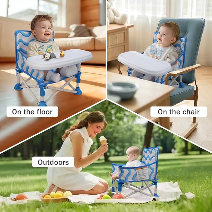 Tiny Marvels 3-in-1 Portable Baby Chair, Foldable Booster Seat with Removable Tray, Safety Harness & Carry Bag for Dining, Travel, Camping, Beach, 6M-3Y (Big Waive)