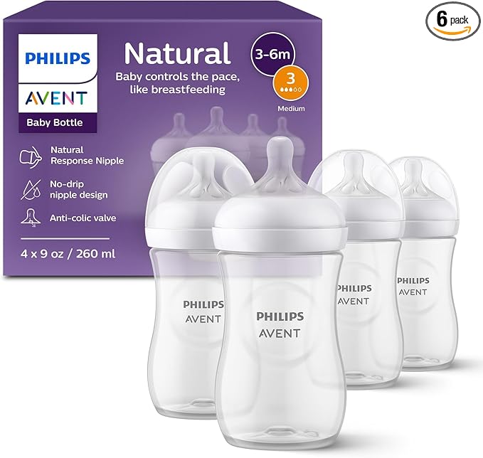 Philips Avent Natural Baby Bottles with Natural Response Nipples (Medium Flow, Flow 3), 9oz, 24-Pack, SCY903/04