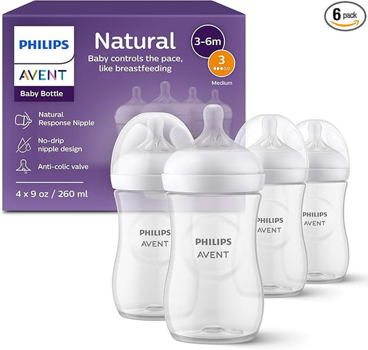 Philips Avent Natural Baby Bottles with Natural Response Nipples (Medium Flow, Flow 3), 9oz, 24-Pack, SCY903/04