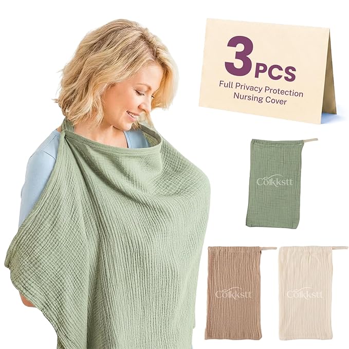 3 Pack Breathable Nursing Cover Up, Breastfeeding Essentials Chest Privacy Cloth Soft Cotton Lightweight Professional Apron Women New Mom Baby Shower Gift (Green Camel Khaki)