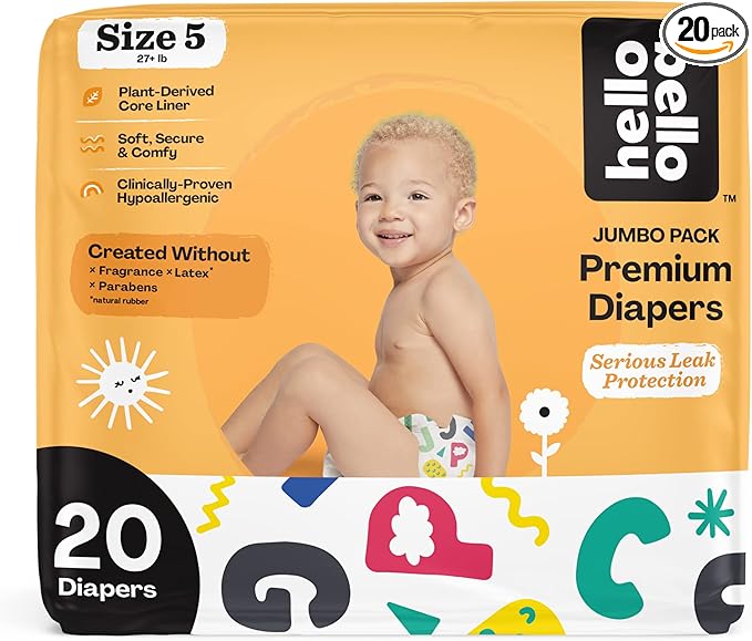 Hello Bello Premium Baby Diapers Size 5 I 20 Count of Disposeable, Extra-Absorbent, Hypoallergenic, and Eco-Friendly Baby Diapers with Snug and Comfort Fit I Alphabet Soup