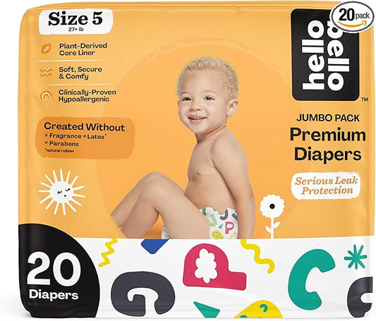 Hello Bello Premium Baby Diapers Size 5 I 20 Count of Disposeable, Extra-Absorbent, Hypoallergenic, and Eco-Friendly Baby Diapers with Snug and Comfort Fit I Alphabet Soup