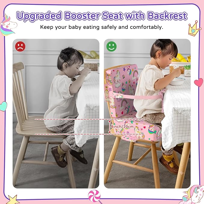 Booster Seat for Kitchen Chair with Backrest & 4 Adjustable Straps, TPU Waterproof & Anti-Scratch Toddler Booster Seat for Dining Table, Removable & Non-Slip(Unicorn)