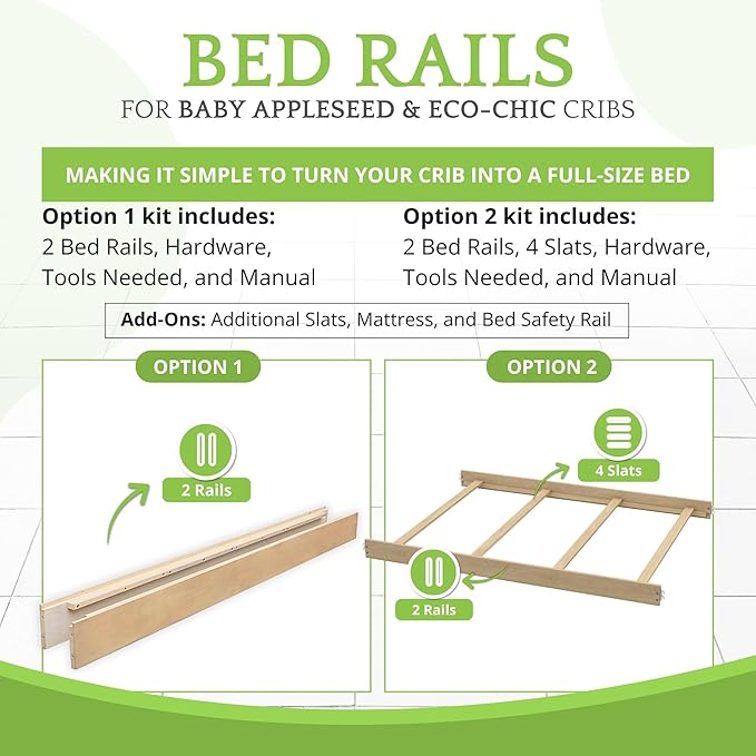 Full-Size Conversion Kit Bed Rails for Baby Appleseed & Eco-Chic Convertible Cribs - Solid Wood Rail - Toddler & Adult Bed Rail for Full-Size Beds - Nursery & Baby Furniture (Unfinished, Bolt-On Kit)