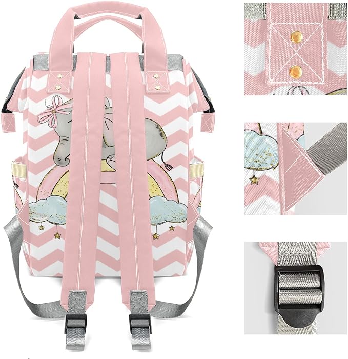 Rainbow Pink Elephant Mommy Bag for Baby Girl Custom Diaper Bag Backpack Waterproof Multi-Function Travel Camping Picnic Diaper Carrying Bag