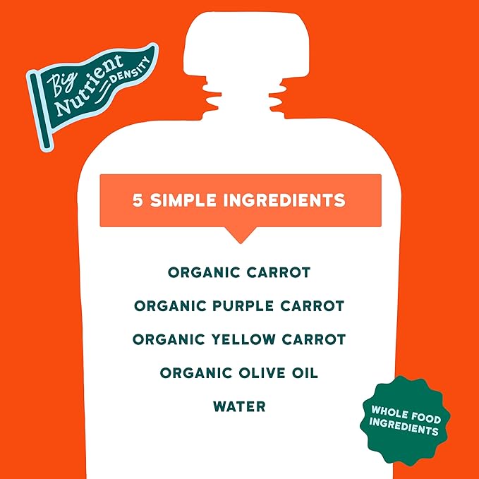 Serenity Kids 6+ Organic Carrot Veggie Puree Baby Food Pouches - No Added Sugar & Allergen-Free Baby Snacks - BPA-Free Veggie Pouches - On-The-Go Snack Pack - 3.5 Oz Pack of 12