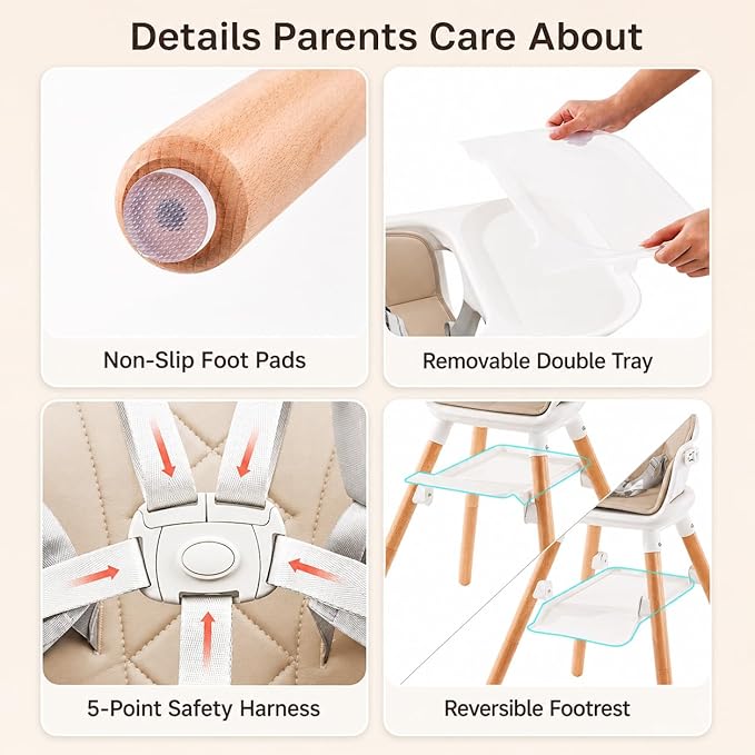 Baby High Chair, 6 in 1 Convertible High Chairs for Babies and Toddlers, Easy Clean Highchair with Removable Double Tray, 5-Point Harness, Reversible Footrest, Beech Wood Legs, Champagne