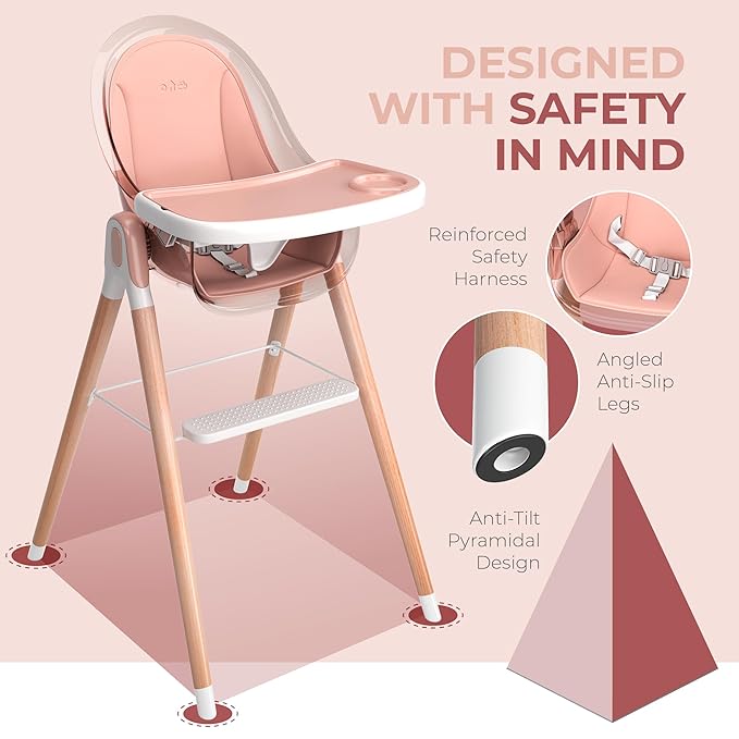 6 in 1 Deluxe Wooden High Chair for Babies & Toddlers Modern Safe Compact Baby Highchair, Easy to Clean, Removable Tray & Cushion, 6 Options 3 Seat Positions 2 Heights (Pink)