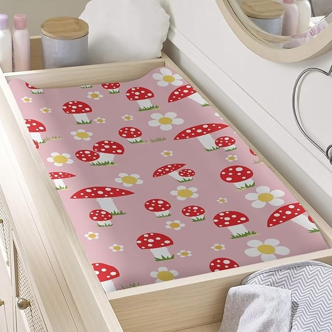 Mushroom Changing Pad Cover Waterproof Stretchy Baby Changing Table Cover Comfy Cozy Universal Tray Table Mat Fit 32"x16" Contoured Pad