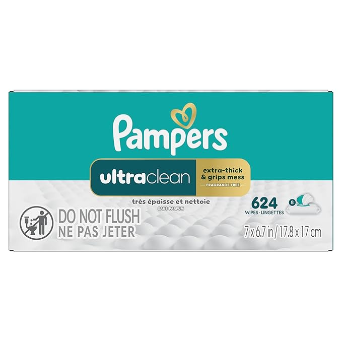 Pampers Ultra Clean Baby Wipes (Previously 'Free & Gentle'), 99% Water, Hypoallergenic, Unscented, 100% Plant Based, Plastic-Free, 624 Baby Wipes Total (8X Flip-Top Packs) [Packaging May Vary]