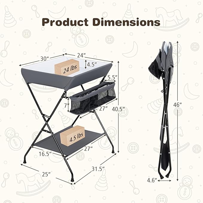 HONEY JOY Changing Table, Folding Nursery Organizer with Open Shelf & Safety Belt, Portable Diaper Changing Station for Newborn (Gray, Basic)