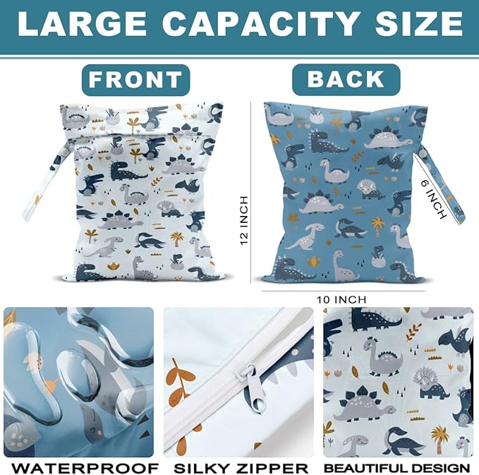 2Pcs Diaper Bag, Wet Dry Bag Reusable with Zipper, Travel, Beach, Pool, Diapers, Baby Clothes, Dirty Yoga Gym Clothes,Toiletry, Hook to Stroller, Waterproof Wetdry Packing, Dinosaur Decor (12x10 Inch)