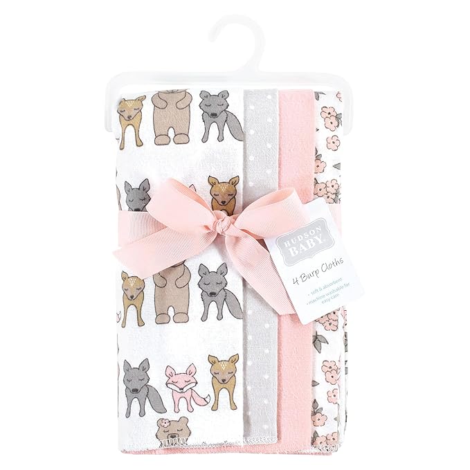 Hudson Baby Unisex Baby Cotton Flannel Burp Cloths 4-Pack, Wild Forest Pink, One Size
