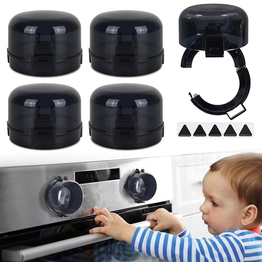 Stove Knob Covers for Child Safety – 5-Pack Heat-Resistant Oven Lock Knob Protectors with Heat Alert Stickers, Baby and Pets Proofing Stove Knob Guards for Gas & Electric Stoves(Dark)
