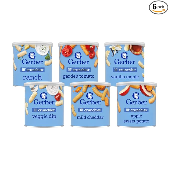 Gerber Snacks for Baby Lil’ Crunchies Baked Grain Snack Variety Pack, 1 Cheddar, 1 Veggie, 1 Tomato, 1 Ranch, 1 Maple, 1 Apple & Sweet Potato, 6 CT