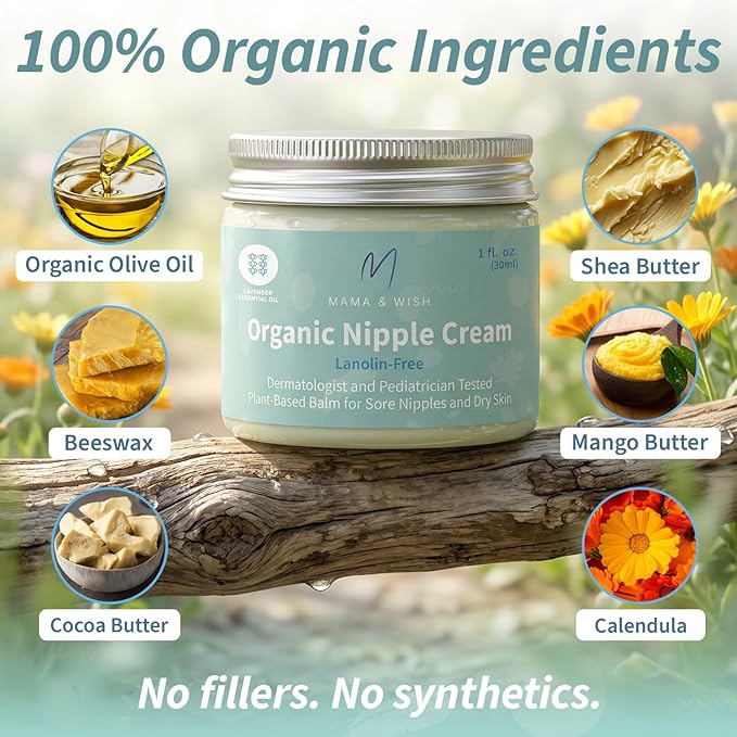 Mama & Wish® Organic Nipple Cream Safe for Breastfeeding - Breastfeeding Nipple Balm | Lanolin-free, Breastfeeding Essentials Safe for Nursing (1oz | 1 Pack Scented)