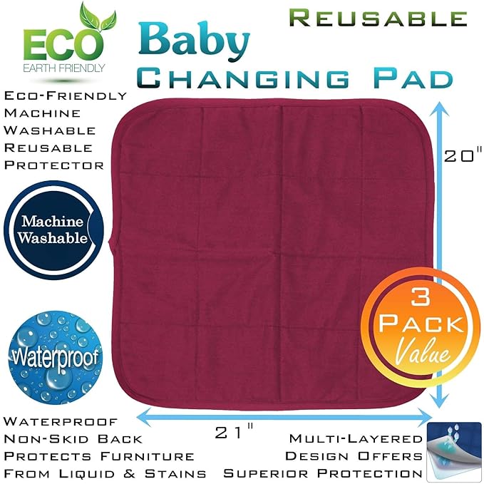 Comfort Finds Baby Changing Pad – Absorbent Reusable Diaper Changing Mat - Portable Waterproof Toddler Changing Liner (Burgundy, 3 Pack)