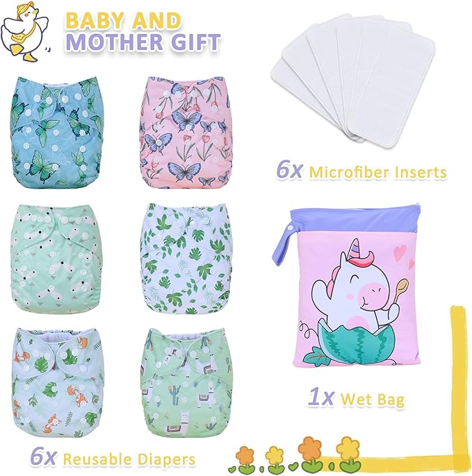 TDIAPERS Cloth Diapers Reusable Washable Pocket Diapers Cover One Size Adjustable for Baby Snaps Cloth Diapers Nappy 6 Pack with 6 Pcs Microfiber Inserts,1 Wet Bag