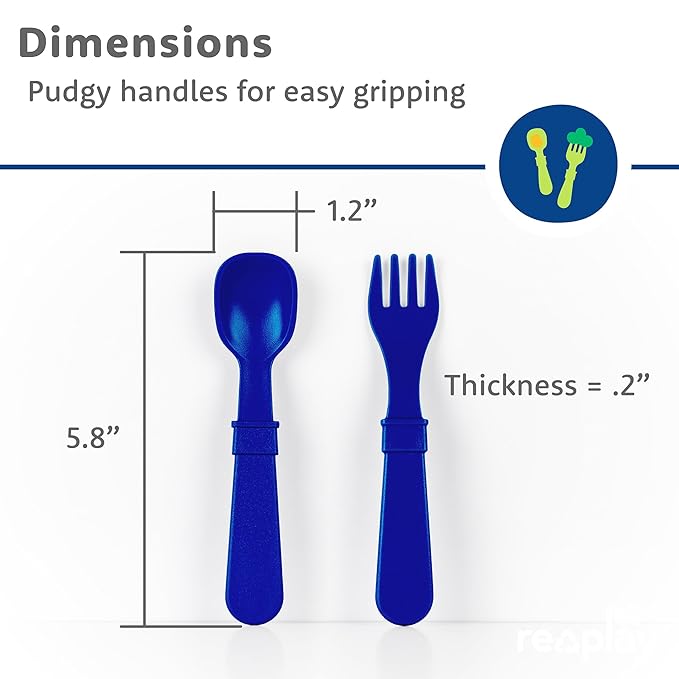 Re-Play Toddler Forks and Spoons Set - 4x4 Utensils Set for Kids - Dishwasher and Microwave Safe - Made in USA - Set of 8-5.8" x 1.2" x 0.2" - Cool Blues