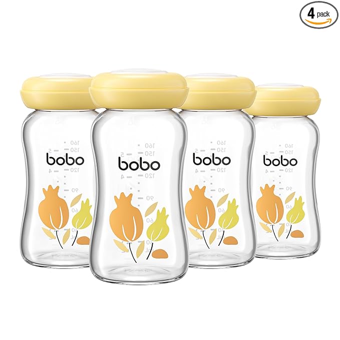 YOHKOH Glass Breast Milk Storage Bottles - 100% Leak-Proof, BPA-Free Breastmilk Storage Containers, Freezer & Dishwasher Safe, Ideal for Nursing Mothers (Yellow, 5.4oz (Pack of 4))