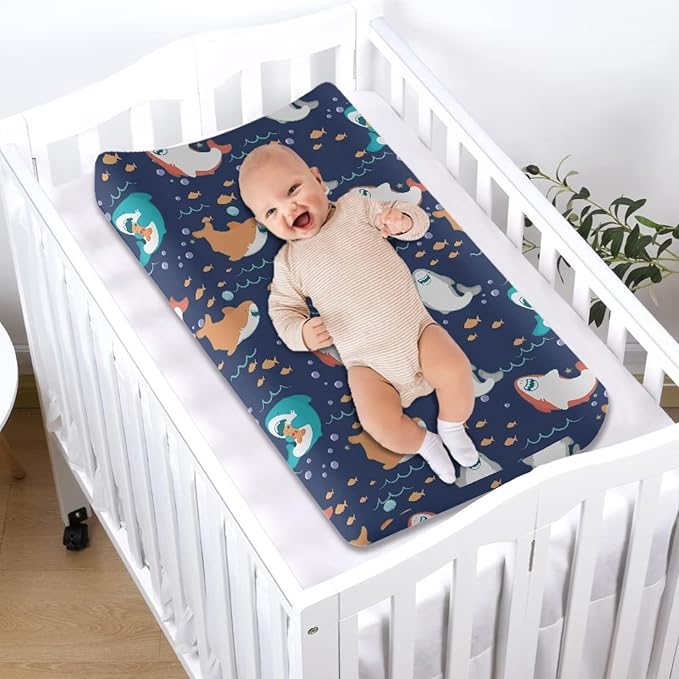 Changing Pad Covers for Boys Girls, Cartoon Shark Diaper Changing Table Pad Cover Soft Breathable Changing Mat Cover for 32''x16" Cute Birthday Gifts for Baby