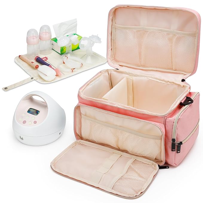 GDNasist Breast Pump Bag Fit for Spectra S1 and S2, Pumping Bags with Waterproof Mat for Pump Accessories, Portable Pump Carrying Case for Work, Travel and Family Use, Pink