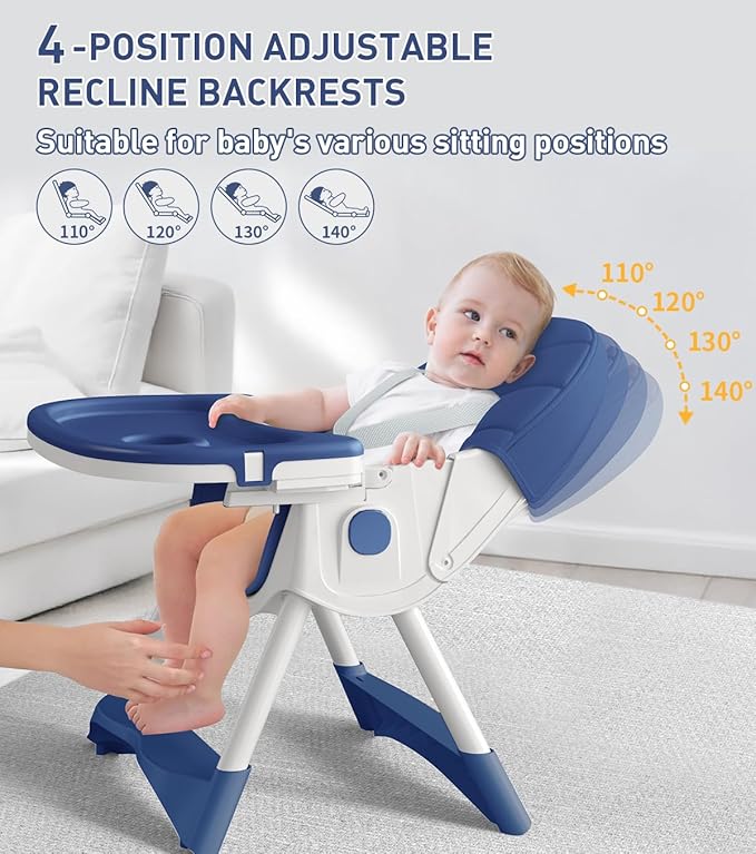 Baby High Chair, 5 in 1 High Chairs for Babies and Toddlers, Travel Foldable High Chair with Detachable PU Cushion, Double Removable Tray, Adjustable Height & Recline, Locking Wheels (Navy Blue)