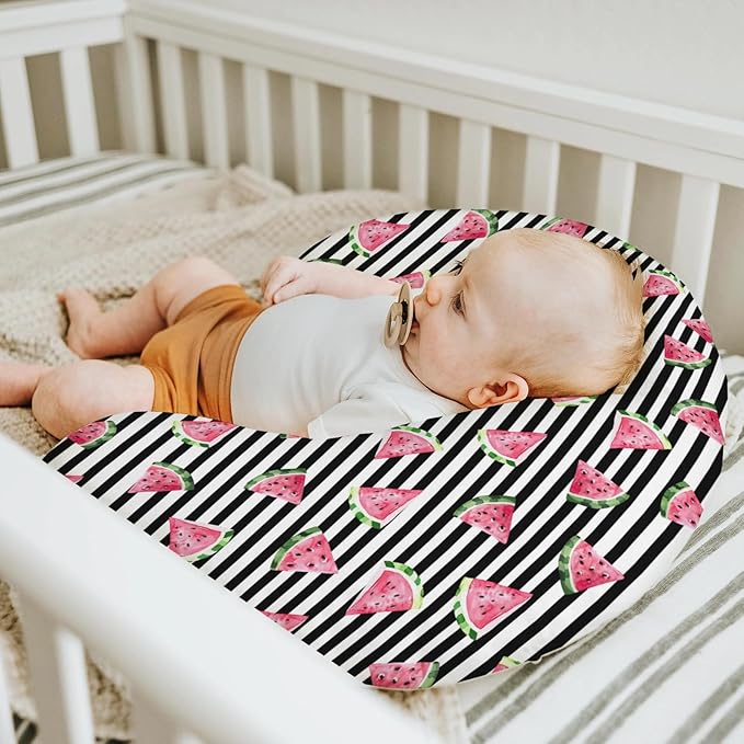 Watermelon Black and White Stripes Baby Nursing Pillow Covers for Boy Girl Tropical Summer Fruits Nursery Slipcovers for Breastfeeding Pillows Beach Vacation Soft Stretchy Covers for Newborn Infant