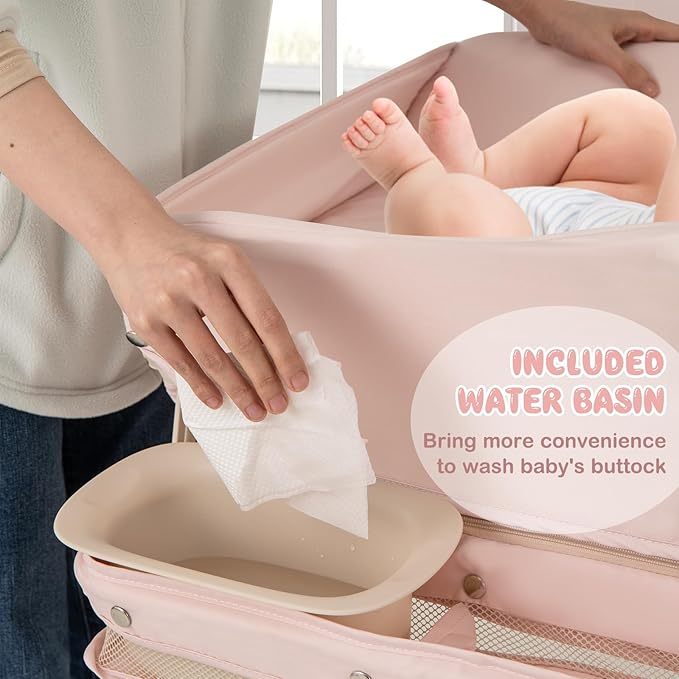 HONEY JOY Changing Table, Folding Mobile Diaper Nursery Organizer w/Wheel, 3 Adjustable Heights, Storage Bag & Open Shelf, Water Basin, Portable Baby Changing Station for Newborn Infant(Pink)