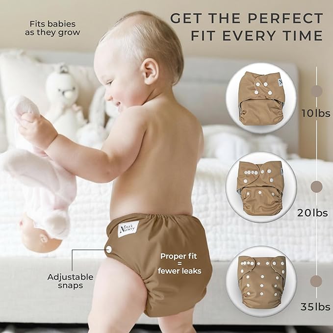 Nora's Nursery Cloth Diapers for Babies (Down to Earth) – 7 Adjustable Baby Reusable Diapers, 7 Inserts & 1 Wet Bag From Newborns to Toddlers – One-Size Pocket No-Leak, Washable Design to Reduce Waste