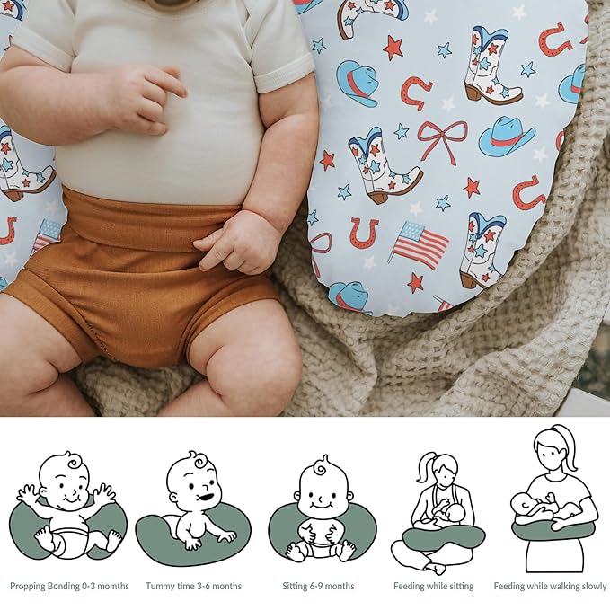 July 4th Western Cowboys Baby Nursing Pillow Covers for Boy Cowboy Boots Hat American Flag Stars Bows Nursing Slipcovers for Breastfeeding Pillows Patriotic Soft Stretchy Cover for Newborn Infant Blue