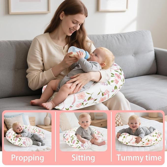 TANOFAR Nursing Pillow Cover, Stretchy Removable Breastfeeding Pillow Cover, Ultra Soft Snug Fits On Newborn Feeding Pillow Case for Baby Girls, Pink Bow