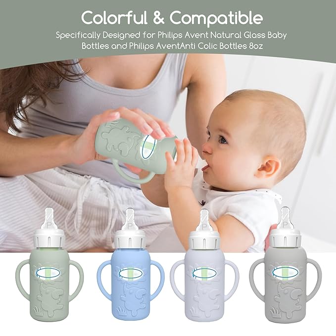 4 Pack Silicone Sleeves for Dr. Brown's Glass Baby Bottles -Drop Protection Easy-Grip Baby Bottle Sleeves Holder with Handles, Compatible with Dr. Brown's Newborn Glass Bottles 4 oz/120 ml