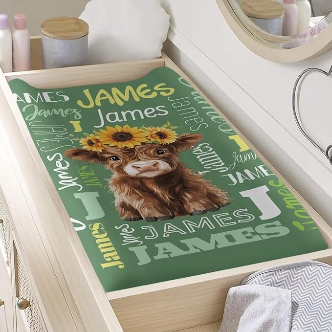 Personalized Highland Cow Changing Pad Covers with Name Sunflower Fitted Diaper Changing Table Cover Set Soft Changing Pad Sheets for Standard Changing Pad 16" x 32"