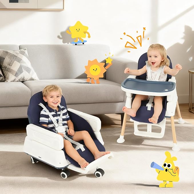 5-in-1 Baby High Chair, Convertible Booster & Play Chair, Portable Foldable Lightweight, Easy to Clean with Tray, for Babies Toddlers 6-36 Months, Blue