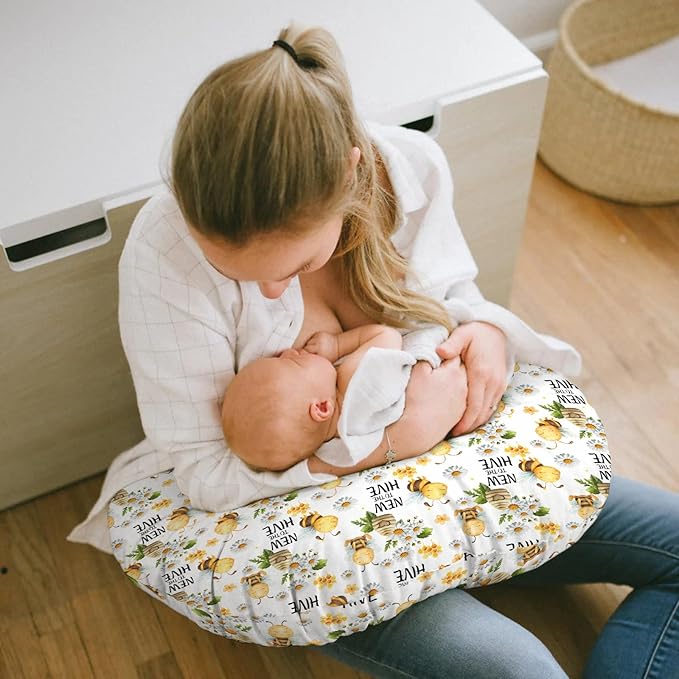 Baby Girls Nursing Pillow Cover Honey Bumble Bee Floral, New to Hive Daisy Flower Breastfeeding Pillowcase, Bottle Feeding Pillow Slipcover Shower Gift Cover Only