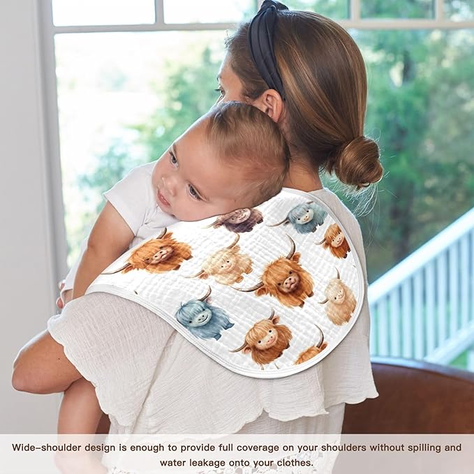 4Pcs Cute Highland Cow Pattern Burp Cloth,Unisex Large Absorbent Soft Cotton Muslin Burping Cloths for Newborn Boys Girls,11x22in,A110858